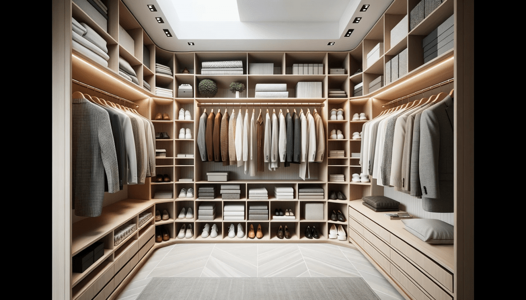 Eleganter begehbarer Kleiderschrank in einem modernen europäischen Einfamilienhaus, gestaltet im skandinavischen Stil. Der Raum, ausgestattet mit hochwertigen Materialien wie Massivholz und Glas, zeigt maßgeschneiderte Regale und Hängevorrichtungen, die mit vielfältiger Kleidung, von formellen Anzügen bis hin zu Alltagskleidung, gefüllt sind. Spezielle Designelemente nutzen geschickt Ecken und Dachschrägen für eine maximale Raumausnutzung.